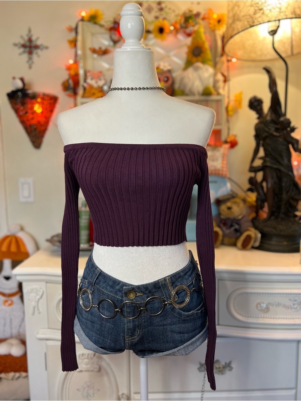 Fashion Nova Plum Off-the-Shoulder Ribbed Crop Sweater